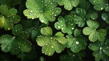 Closeup of Lush Green Leaves with Water Droplets Dark Background