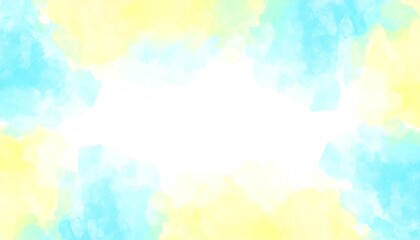 水彩の爽やかグラデーション背景/青と黄色のふんわり水彩フレーム/明るいパステルカラーの背景