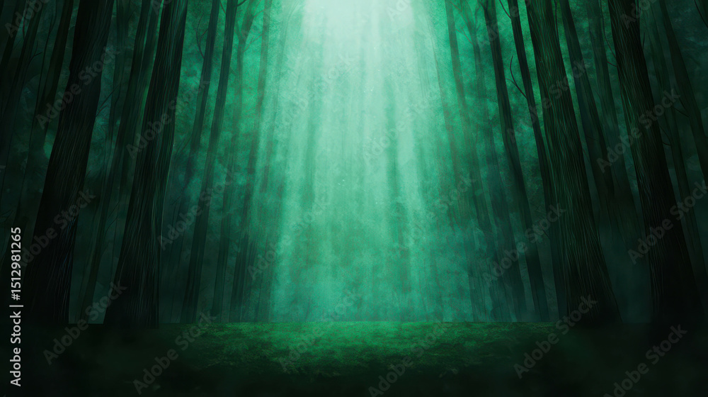 Poster ethereal green forest scene with mystical light beaming through tall trees creating a serene and eni