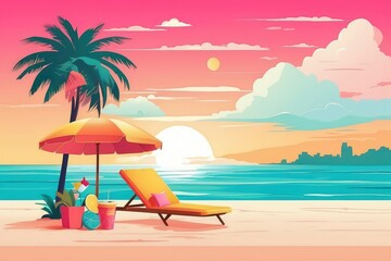 Tropical Summer Beach Illustration with Coconut Drink, Palm Trees, and Sunset

