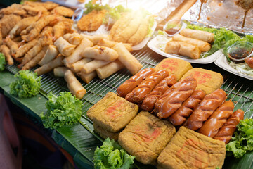 Snack,spring roll,sausage in street foods market