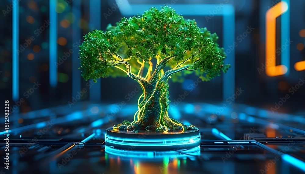 Poster futuristic tree with glowing leaves on a technological platform symbolizing nature and technology in