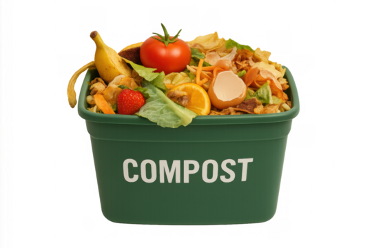 Overflowing green compost bin containing vegetable peels, fruit remnants, showcasing organic waste recycling practices