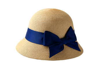 Elegant straw boater hat with navy blue bow summer fashion accessory