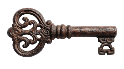 Isolated antique ornate key image for security concept or vintage treasure hunt game asset illustration on transparent background