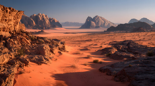 Stunning Sunrise over Wadi Rum Desert Landscape Breathtaking Red Sand Dunes and Majestic Mountains