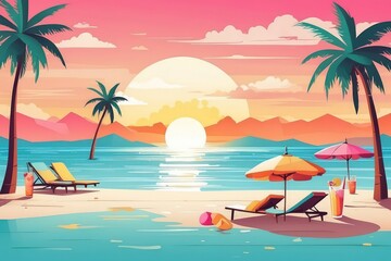Tropical Summer Beach Illustration with Coconut Drink, Palm Trees, and Sunset

