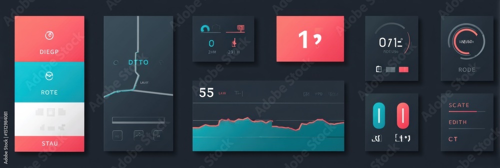 Aufkleber flat ui kit elements for a logistics app featuring key metrics like route, speed, distance, and eta 