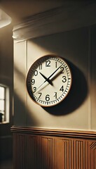 Wall round click with black hands on a wall of midcentury appartment