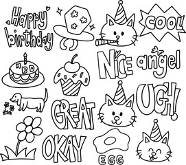 Cute hand drawn outlines of cat wearing party hat, birthday cake, cupcake, puppy, flowers, egg, pink candy ring, happy birthday letters for kid colouring book, art, paint, cartoon, characters, comic
