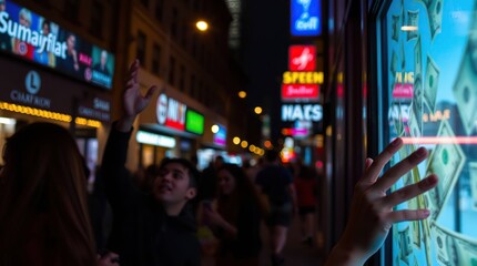 A blurry crowd stands on a city street at night, gazing at a storefront window displaying a digital image of money falling like rain