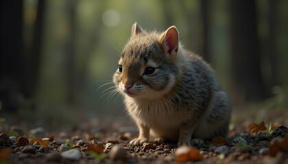 Small Mammal Sitting on Forest Ground Level Close Up