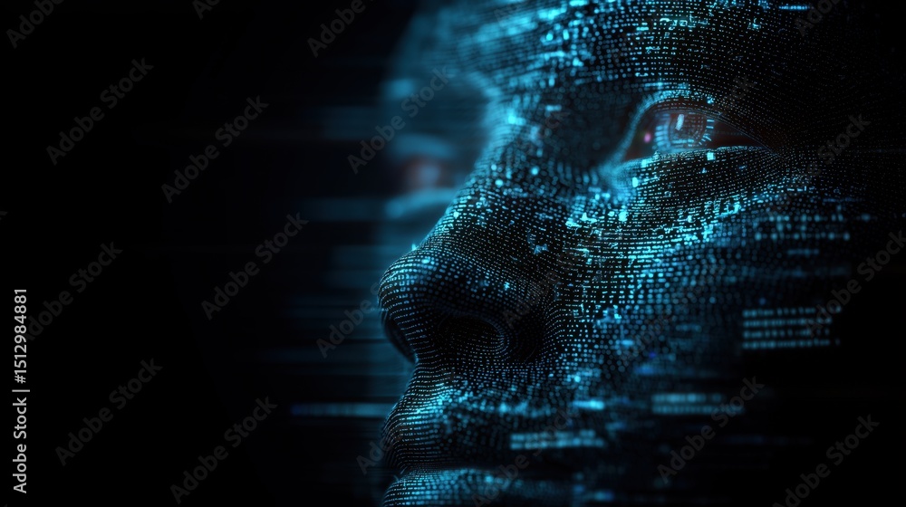 Poster glowing digital face formed from code representing modern technology