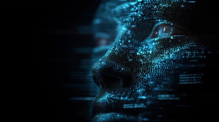 Glowing Digital Face Formed from Code Representing Modern Technology