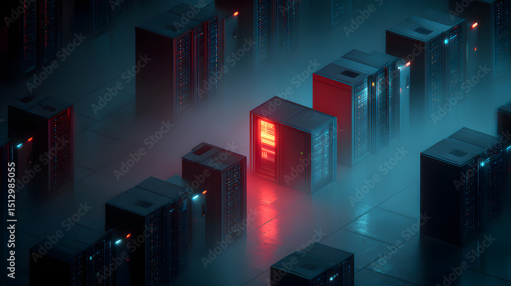 Poster cybersecurity data center server security breach, network failure, digital risk, system vulnerabilit