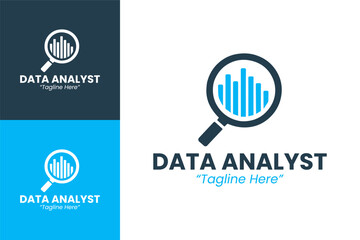 Modern Data Analyst Logo with Magnifying Glass Over Blue Analytics Bars