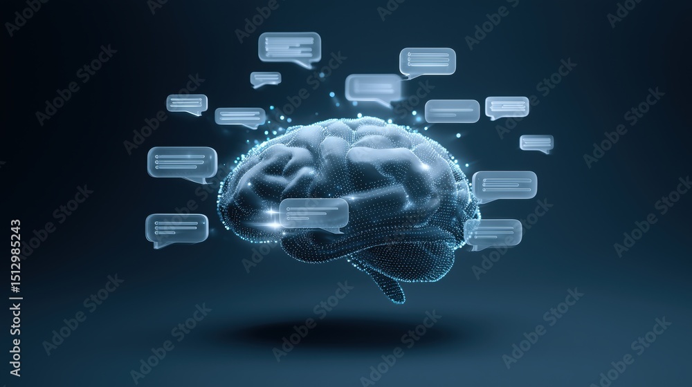 Poster digital brain animation with chat bubbles signifying communication and ideas