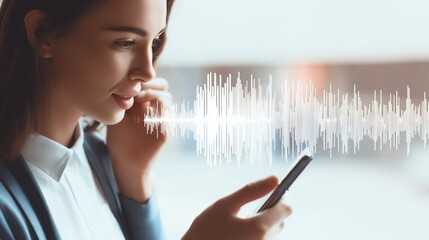 Young Woman Engaged in Speech with Sound Wave Graphic Overlaid on Phone