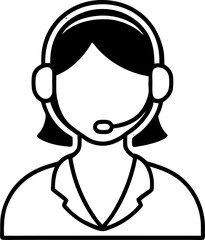 Black and white graphic of a customer service representative wearing a headset and blazer jacket in a minimalist line art style