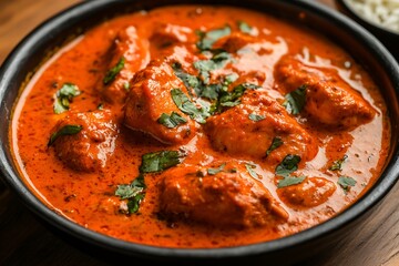 Spicy Red Chicken Curry in a Bowl, Traditional Indian Dish