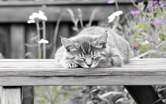 Gray tabby kitten napping on a wooden bench