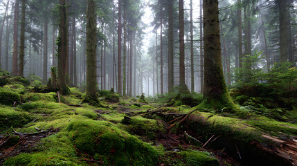 Obraz premium Enchanted Foggy Forest Path Mossy Trees and Mystical Atmosphere