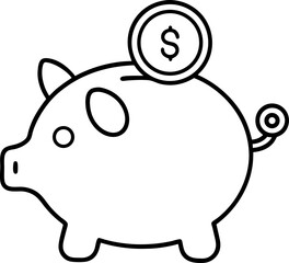 Simple outline illustration of a piggy bank with a coin featuring a dollar sign represents savings and financial planning.