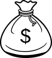 Vector illustration of a money bag with a dollar sign representing wealth savings and financial concepts depicted in black and white style.