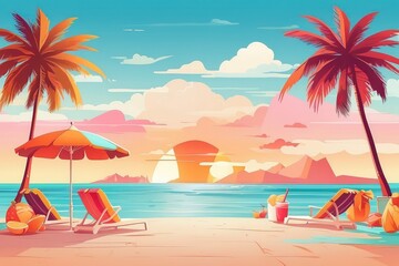 Tropical Summer Beach Illustration with Coconut Drink, Palm Trees, and Sunset

