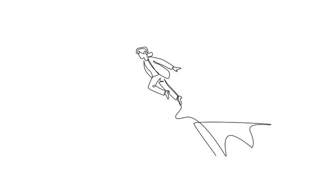 Animation of continuous one line drawing grandma jumps off cliff trying to reach big hand holding banknotes. National Senior Fraud Awareness Day. Single line self drawing animated. Full length motion