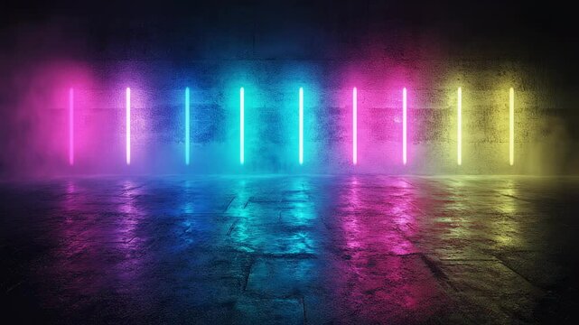 Elegant colorful futuristic neon illuminated stage with textured concrete