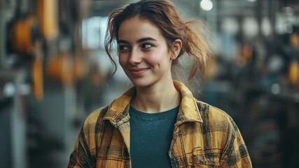 Young artisan woman expressing serenity in a workshop environment with closed eyes