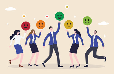 Fototapeta premium Satisfaction ratings and customer feedback surveys, including employee emotion rankings and expressions like angry, sad, or like presented as a marketing review concept using emoji-style emotions.