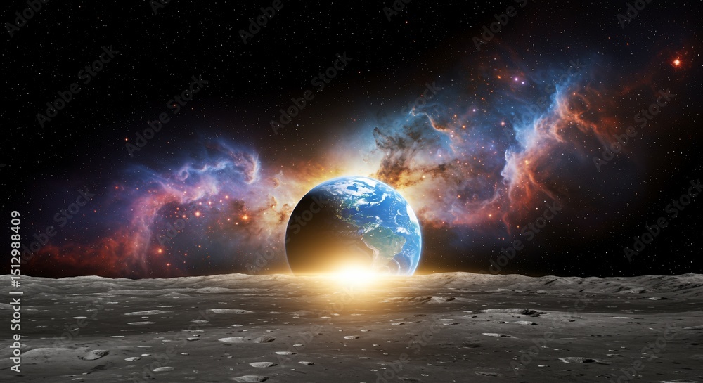 Canvas Prints surreal view of earthrise from the moon's surface, enhanced with colorful nebulae