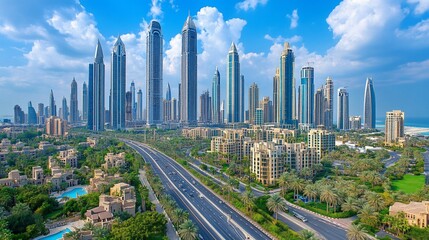 Obraz premium Modern Cityscape with High Rise Buildings and a Highway on a Sunny Day with Clouds