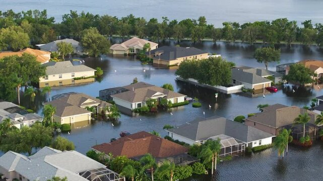 Hurricane Debby tropical rainstorm flooded residential homes in suburban community in Sarasota, Florida. Aftermath of natural disaster