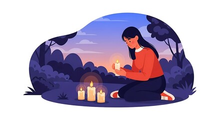 Woman Lighting Candles at Dusk in a Peaceful Outdoor Setting