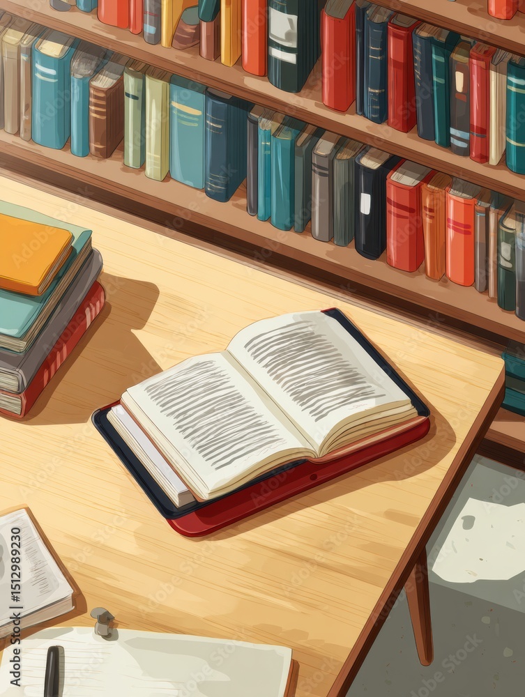 Poster tablet on table displaying an e-book library with clean layout, enhancing reading experience in a co