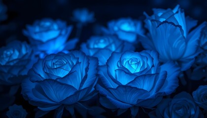 Moody blue aesthetic wallpaper featuring glowing blue roses on a dark background.