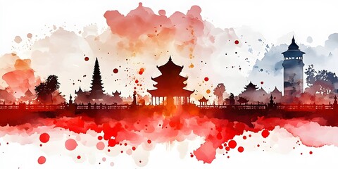 Watercolor Indonesian Independence Day landmarks.