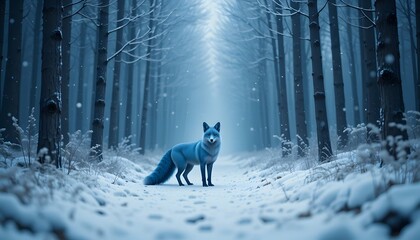 Blue aesthetic wallpaper featuring a serene blue fox standing in a snowy forest