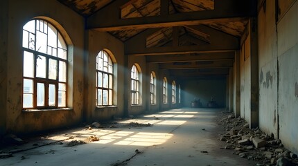 Interior of an abandoned industrial building with windows and walls made of worn concrete