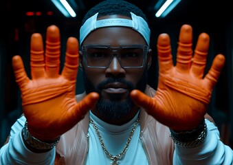 Man in futuristic gloves