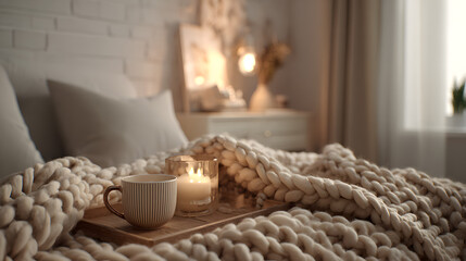 Cozy Hygge Bedroom Warm Knit Blanket, Candlelight, and Tea