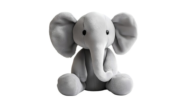 A gray plush elephant toy sitting upright with large ears and a curled trunk  isolated on transparent background