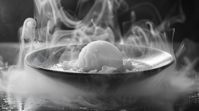 Futuristic monochrome dessert where liquid nitrogen mist swirls elegantly around the plated dish