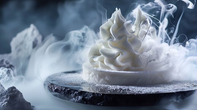 Futuristic monochrome dessert where liquid nitrogen mist swirls dramatically around an elegant sculpted mousse