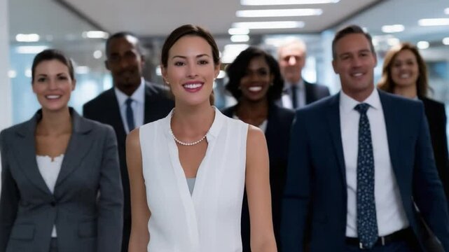 Leading the Way: A confident businesswoman leads a diverse team of professionals in a modern office space, embodying leadership, success, and unity.