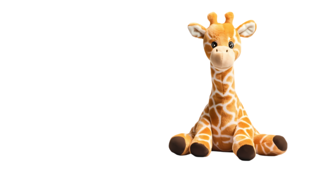 A stuffed giraffe sitting upright with  and looking directly at the camera view isolated on transparent background
