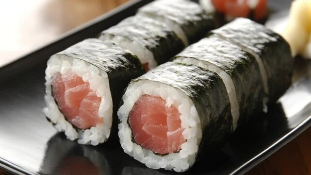 sushi with tuna meat and seaweed on a plate